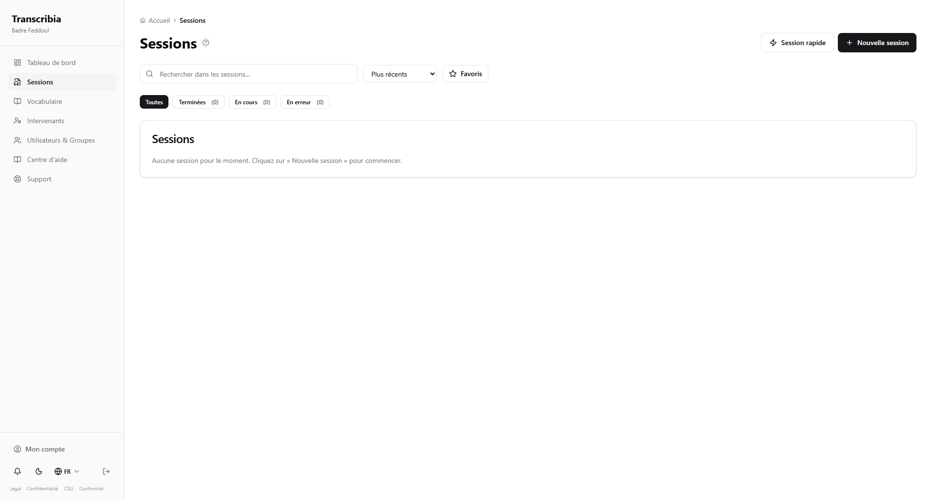 Interface TranscribIA - création de sessions